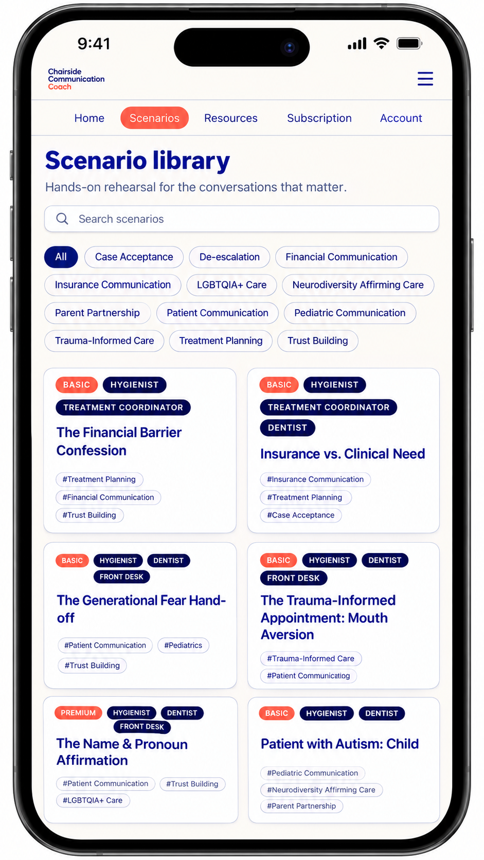 The Chairside Communication Coach app scenario library on a phone